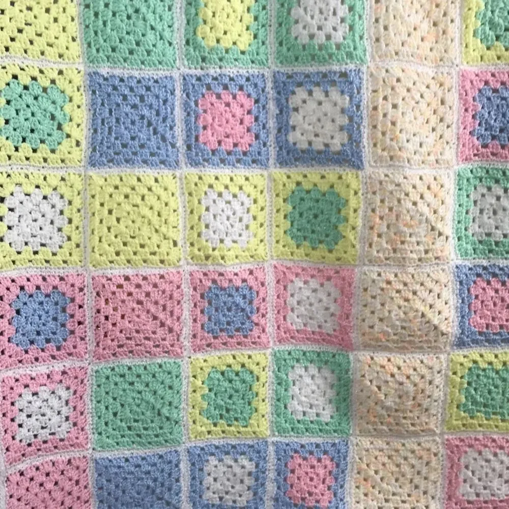 Handmade Pastel Granny Square Crochet Afghan Baby Lap Blanket Acrylic 35’’x50’’